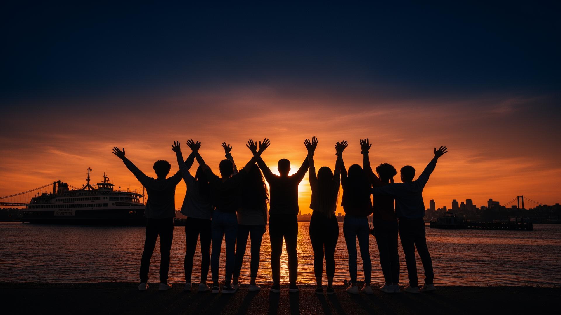 Diverse youth silhouettes at a Staten Island sunset