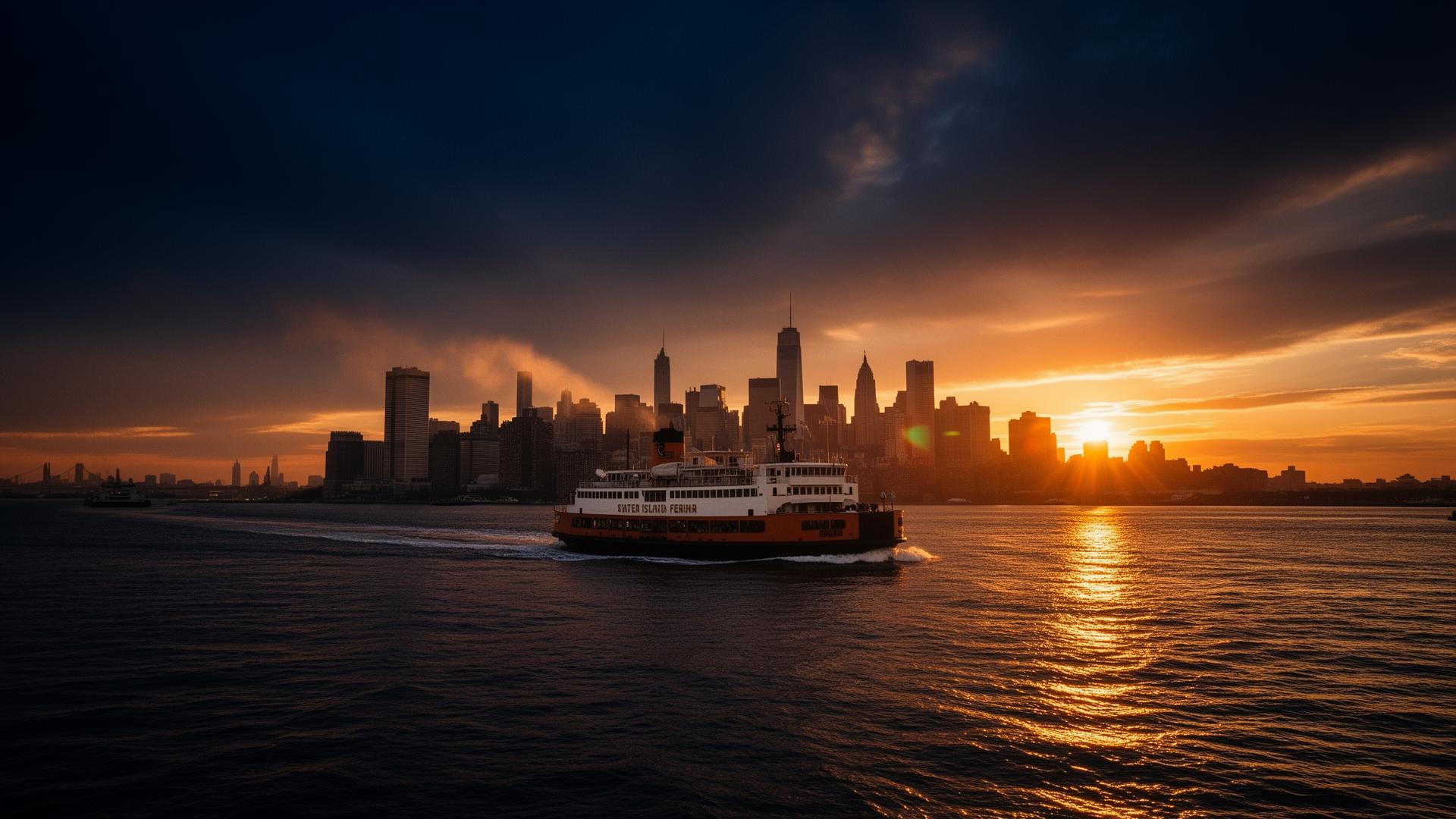 Staten Island Ferry crossing New York Harbor at sunset